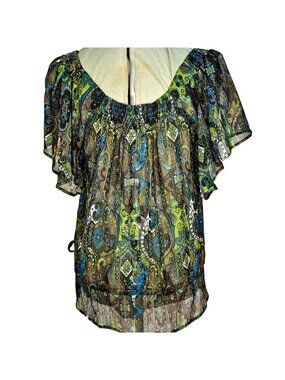 Woman's Sugar 17 indie boho-chic sheer shutter sleeve scoop neck pullover top  L